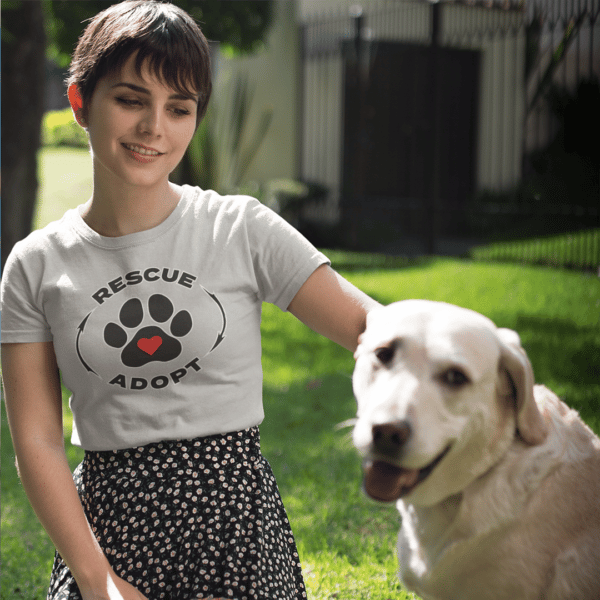 Woman wearing our rescue and adopt t-shirt