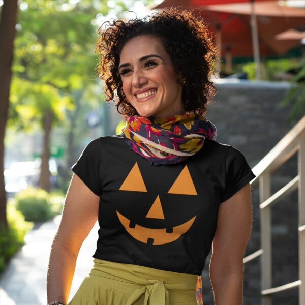 woman wearing pumpkin tshirt