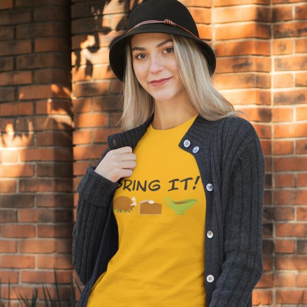 Woman wearing our women's "Bring it!" funny Thanksgiving T-shirt