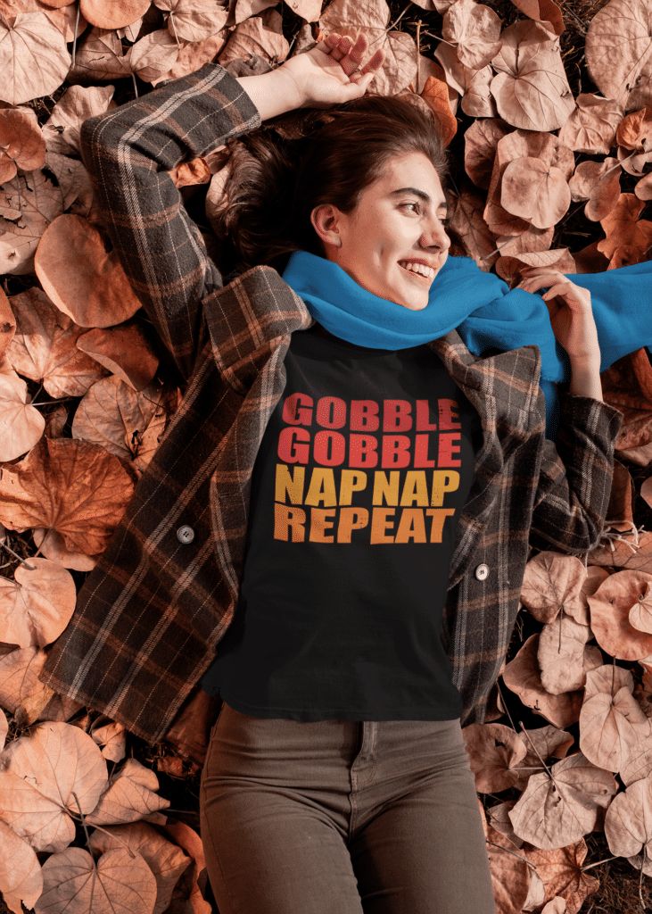 Woman wearing a funny thanksgiving dinner T-shirt