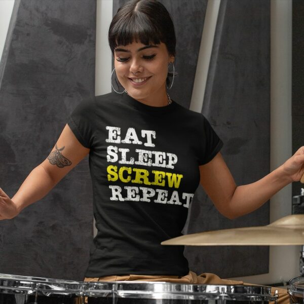 woman wearing eat sleep screw repeat t-shirt