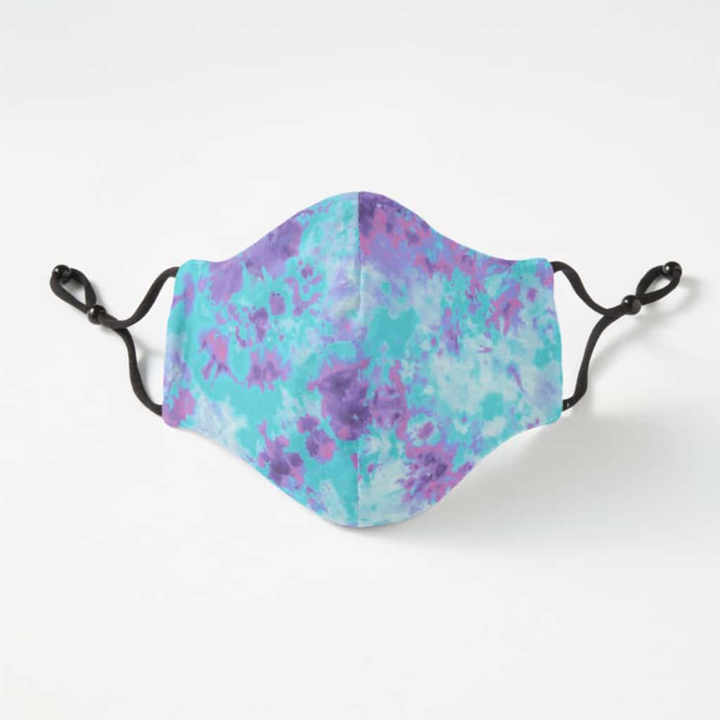 Light blue and purple reusable tie-dye cloth face mask.