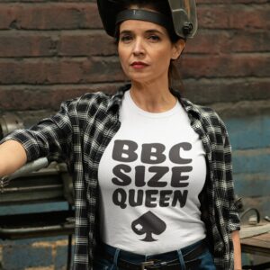 woman wearing the ace of spades BBC size queen t-shirt