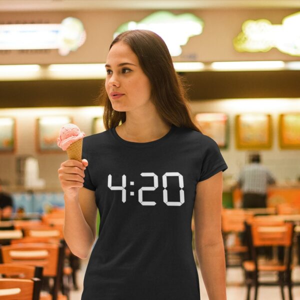 Girl wearing a 4:20 tshirt for pot smoker and weed lovers
