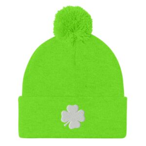 St. Patricks Day green beanie with a white shamrock