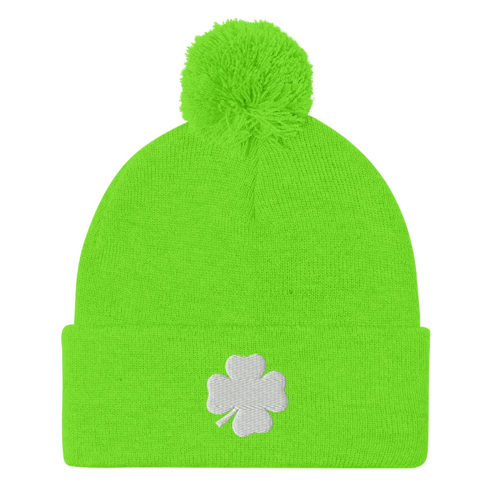 St. Patricks Day green beanie with a white shamrock