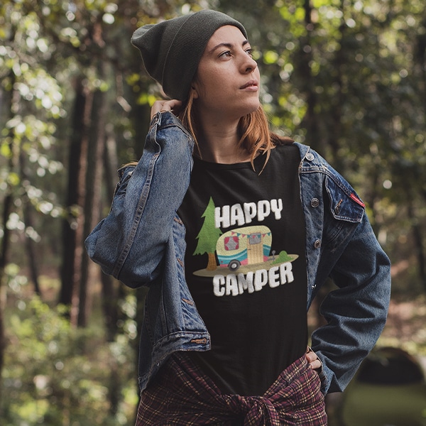 Woman wearing a happy camper t-shirt
