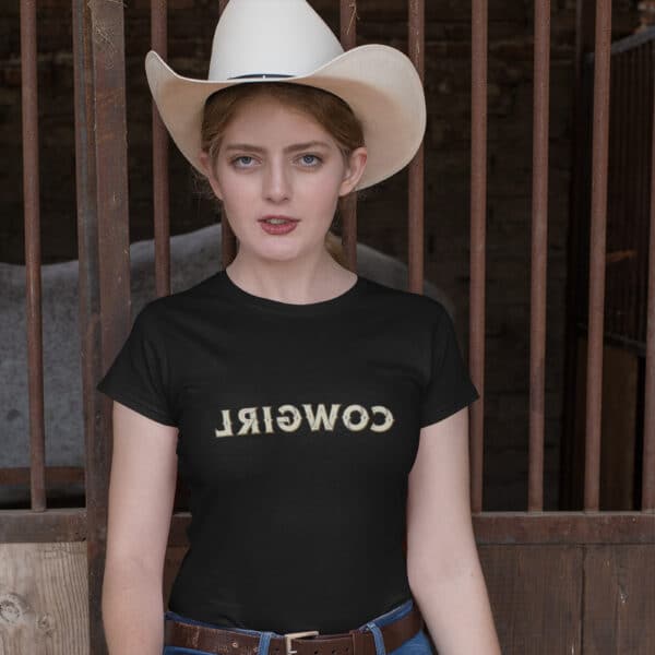 Country girl wearing a reverse cowgirl t-shirt