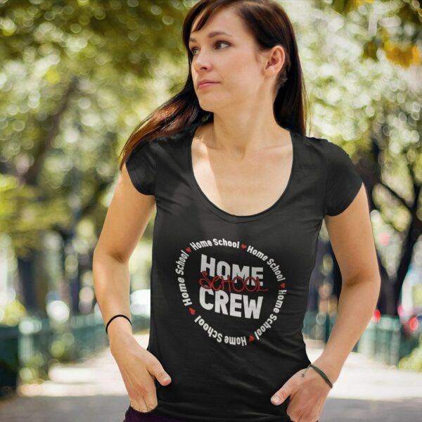 woman wearing a home school crew scoop neck t-shirt