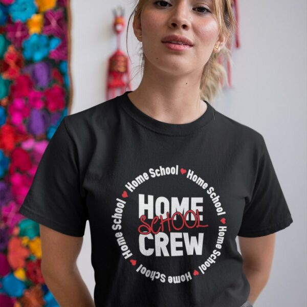 woman wearing a home school crew t-shirt