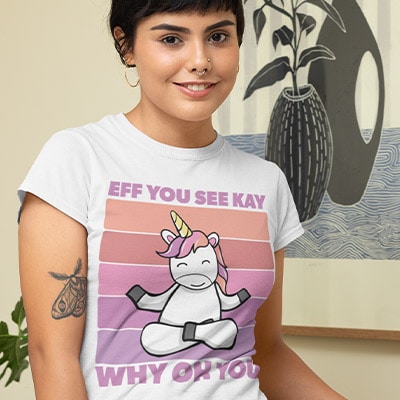 woman wearing an eff you see kay meditating unicorn women's t-shirt