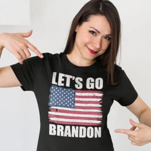 Woman wearing a "Let's Go Brandon" black t-shirt