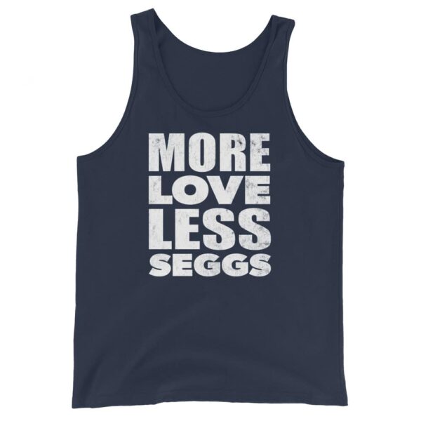 navy distressed unisex more love less seggs tank top