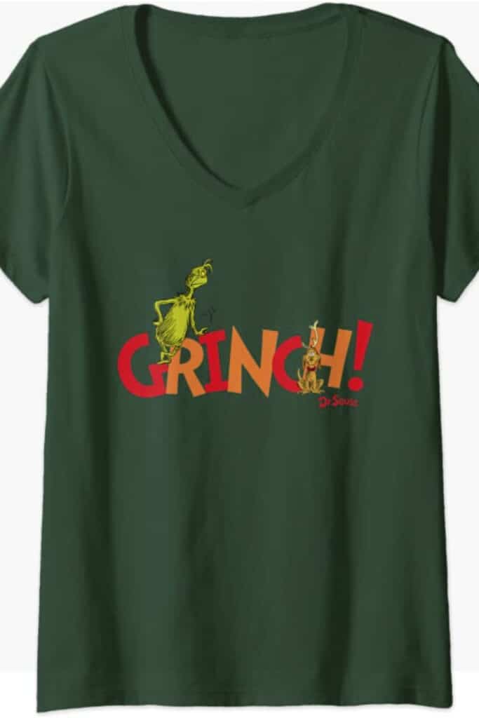 Dark green women's v-neck GRINCH! t-shirt for Christmas