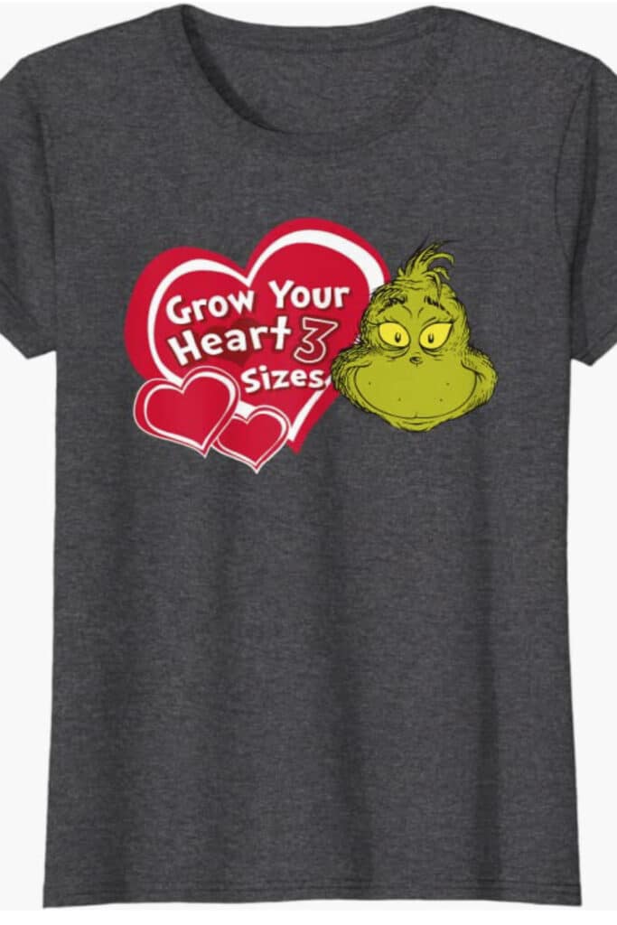 Women's dark heather grow your heart 3 sizes Grinch Christmas T-shirt