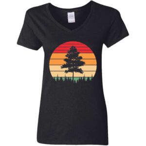black women's Vintage Retro Sunset Single Pine Tree Happy Little Tree v-neck t-shirt