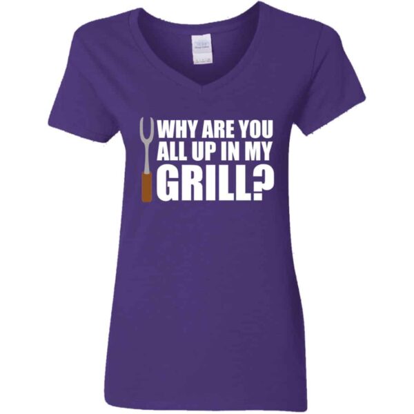 lavender purple Why Are You All Up In My Grill funny grilling women's v-neck tee