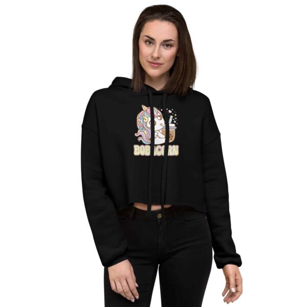 woman wearing a black bobacorn kawaii crop top hoodie