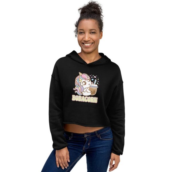 woman wearing a black bobacorn kawaii crop top hoodie