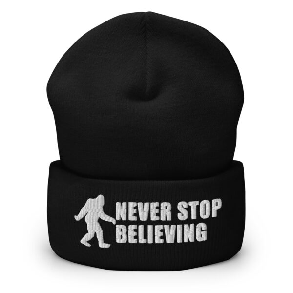 embroidered Bigfoot beanie with never stop believing on it