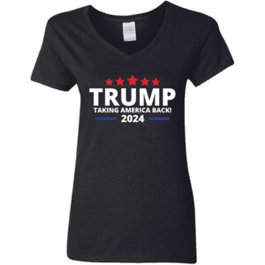 brown women's v-neck Trump taking america back 2024 T-shirt
