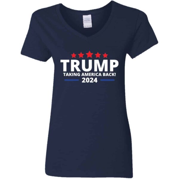 blue women's v-neck Trump taking america back 2024 T-shirt